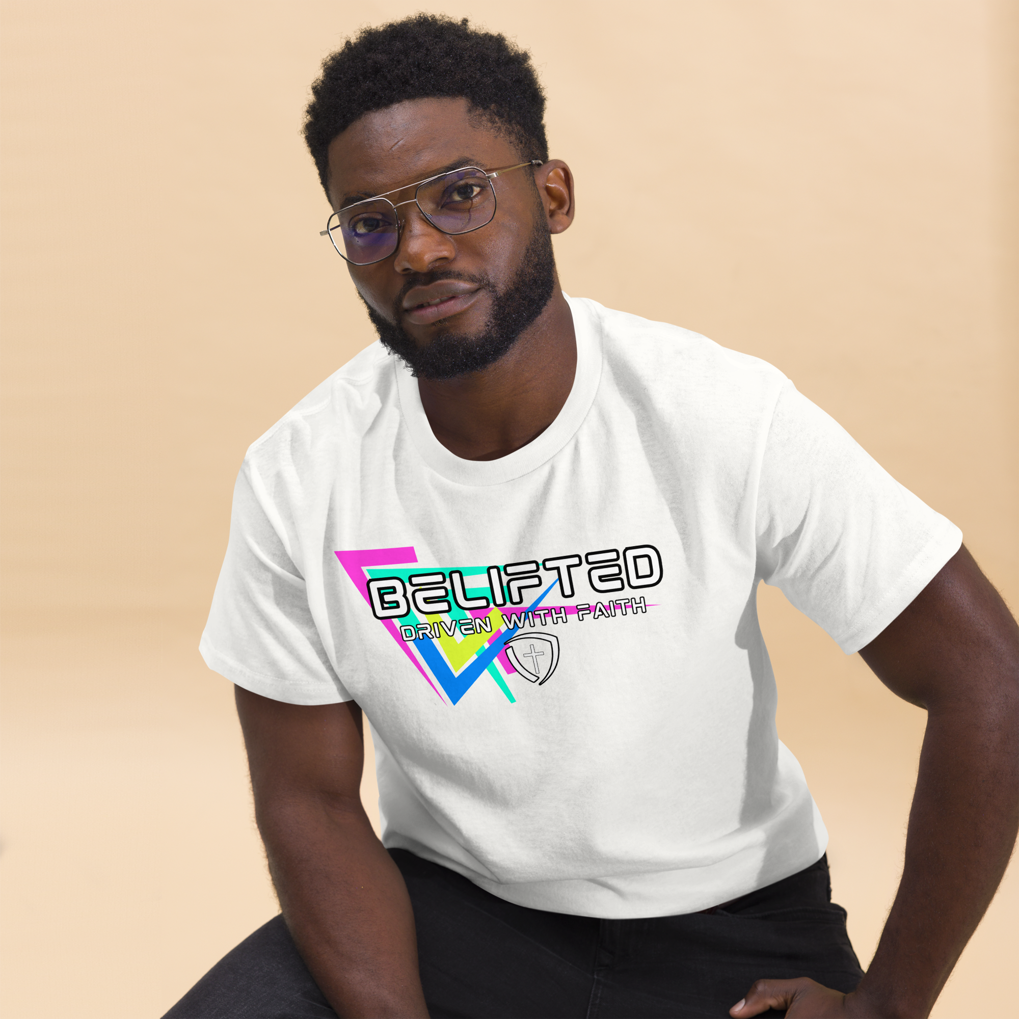 unisex christian graphic shirt lifestyle model wearing driven with faith