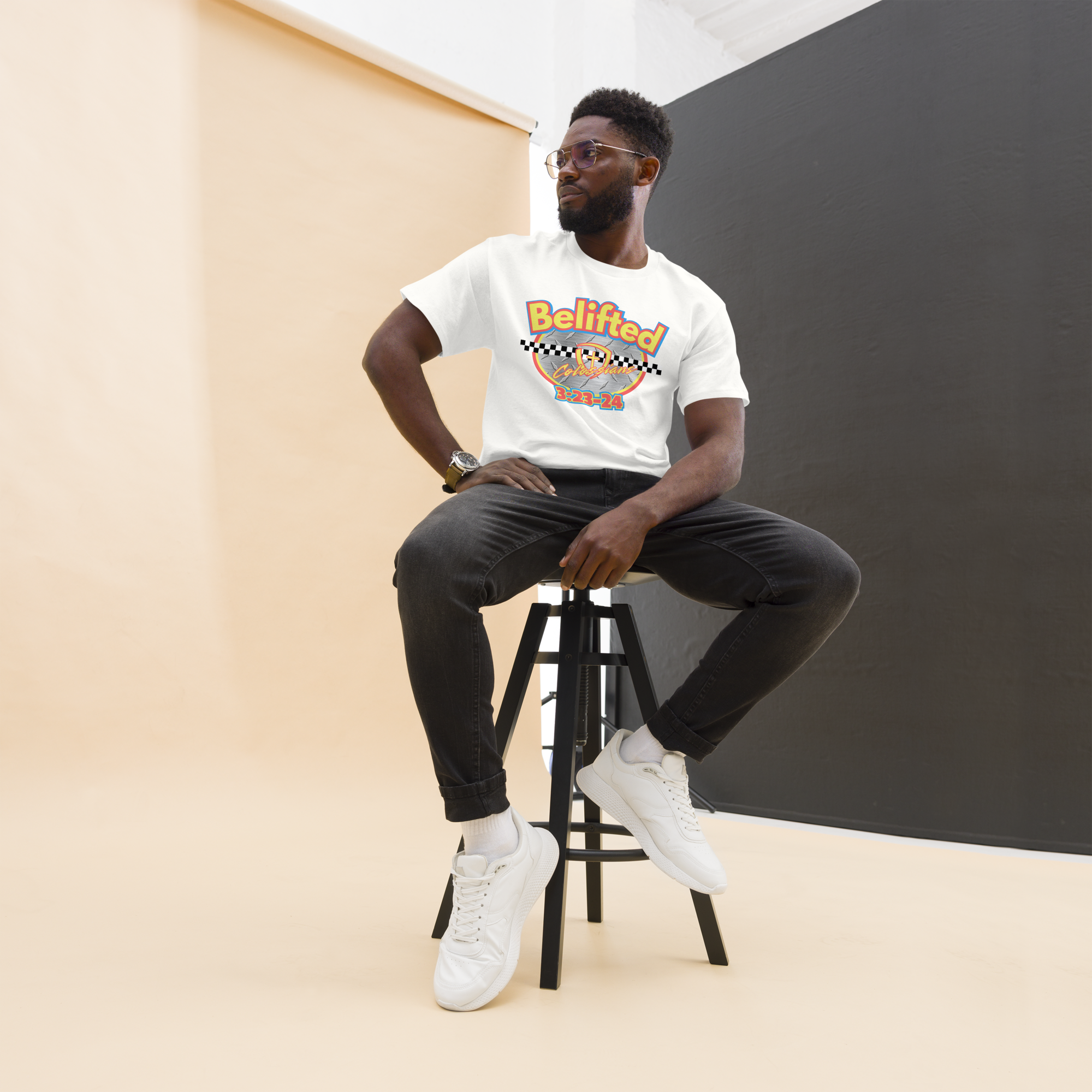 man wearing unisex vintage racing shirt inspirational bible verse streetwear style